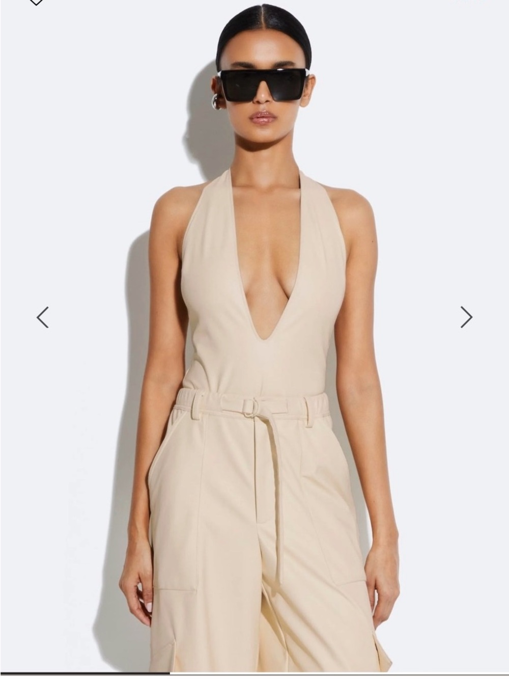 LaPointe Stretch Faux Leather Plunge Neck Bodysuit in Ecru